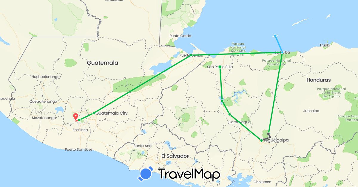 TravelMap itinerary: driving, bus, hiking, boat, motorbike in Guatemala, Honduras (North America)